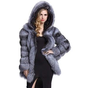 Faux Fur Grey Silver Fox Coat w/ Hood